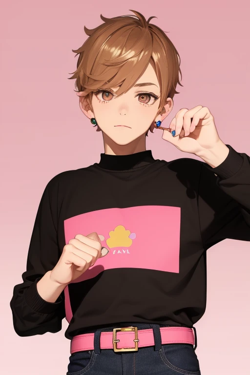 Gumball Handsome 18 year old boy with blonde brown hair, with a pink streak, light skin, pierced ears, honey brown eyes, open pink sweatshirt, black shirt with a candy castle print, black belt, red jeans, looking directly at the viewer on a white background.
