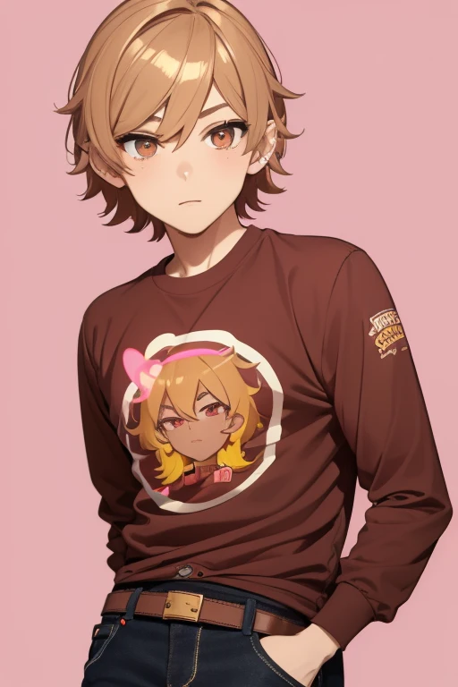 Gumball Handsome 18 year old boy with blonde brown hair, with a pink streak, light skin, pierced ears, honey brown eyes, open pink sweatshirt, black shirt with a candy castle print, black belt, red jeans, looking directly at the viewer on a white background.