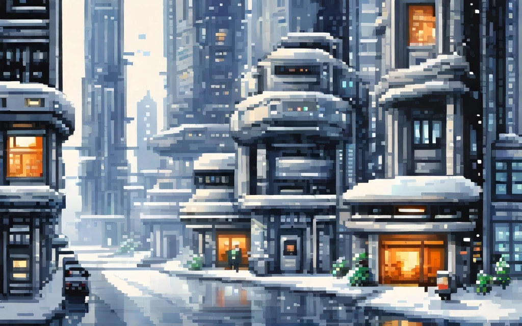 Modern buildings, Futuristic winter city, pixel art painting by Yoko Tsuno, best quality, masterpiece, high details, Ultra intricate detailed