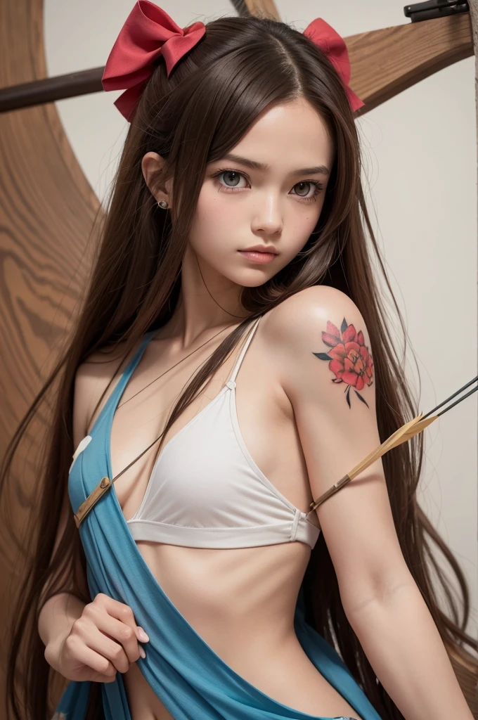 create a drawing in the style of one piece, of one with long straight brown hair, with eyes a little small, with a bow and arrow, de 16 anos, with day small flower tattoos, one on the shoulder and one on the arm