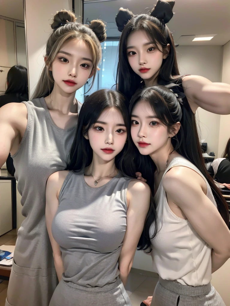 Four girls in school uniforms pose for a photo in front of a mirror，jitome，Tentacle hair，Strong muscles，Strong shoulders，Strong body，Expressionless eyes，，Bow your head，Gray hair.Gray long hair，White hair，There are no shoulder straps，Black clothes，（Flat chest 1.2），Angry expression，,Look at the audience，avatar，portrait，Smirk,cruel korean goth girl, korean girl, Gray long hair飘逸，The feeling of the wind blowing，avatar，portrait，，Bangs covering eyes，Flowing hair，Show your arms