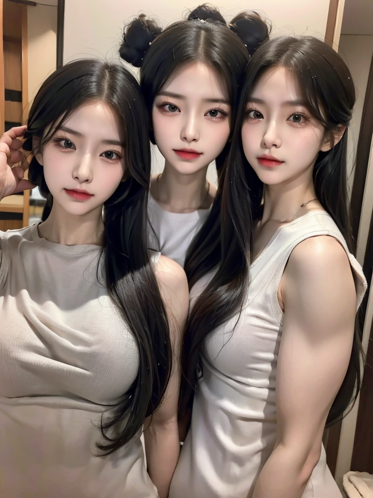 Four girls in school uniforms pose for a photo in front of a mirror，jitome，Tentacle hair，Strong muscles，Strong shoulders，Strong body，Expressionless eyes，，Bow your head，Gray hair.Gray long hair，White hair，There are no shoulder straps，Black clothes，（Flat chest 1.2），Angry expression，,Look at the audience，avatar，portrait，Smirk,cruel korean goth girl, korean girl, Gray long hair飘逸，The feeling of the wind blowing，avatar，portrait，，Bangs covering eyes，Flowing hair，Show your arms