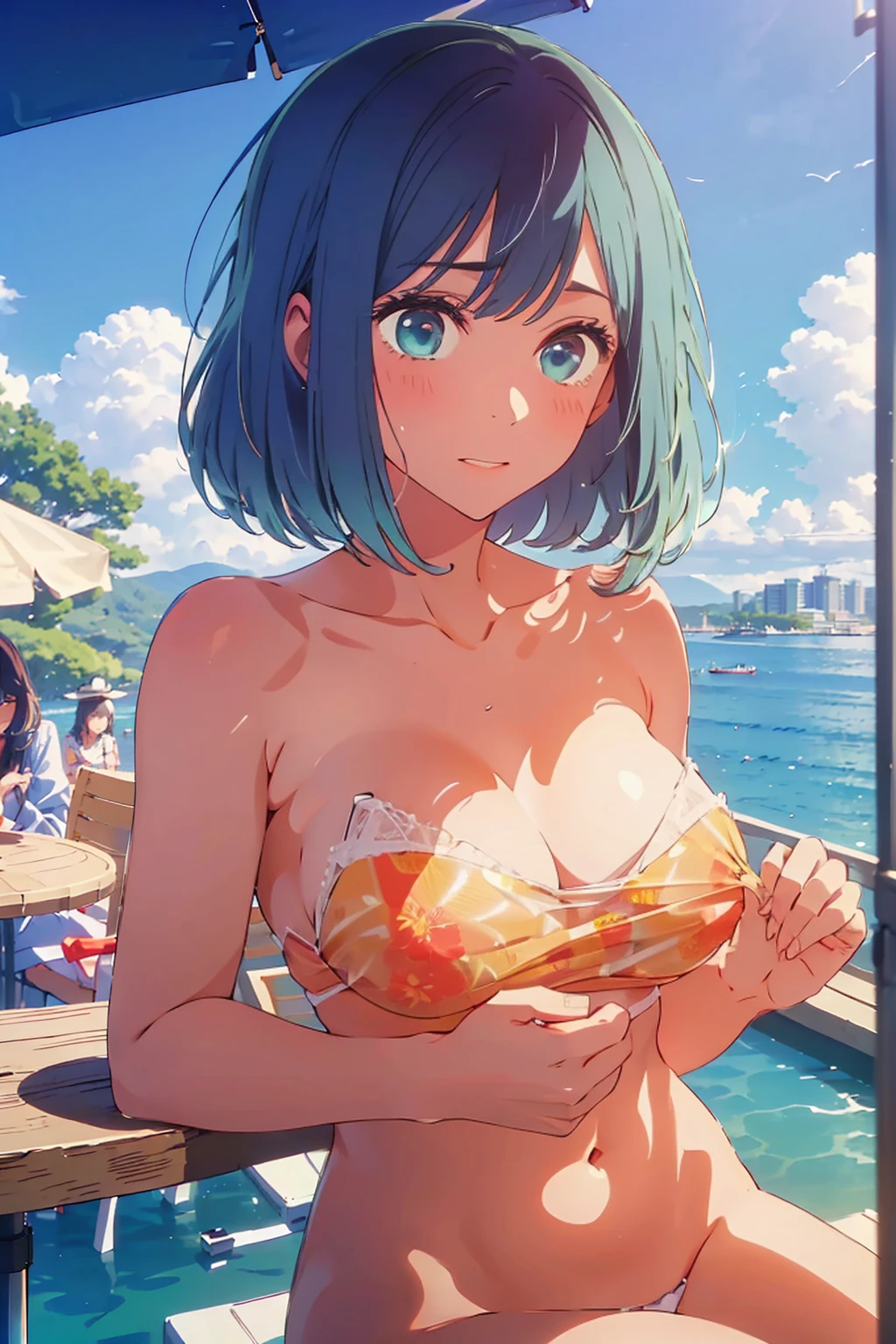 (Highest quality:1.4、8K:1.4、detailed)、F cup bust、Big Breasts、Slim body、Very white beautiful skin、((((1 person、Surprised expression、sit、Chair、In the background are the urban buildings of Tokyo、looking at the camera、Outdoor café terrace、coastal、Navy hair color、juice、Shooting up close、table、Very cute face))))、((((nude、Areola))))、(Touching hair with both hands:1.4)、Nipples、bikini、Very blue sky、A completely cloudless sky