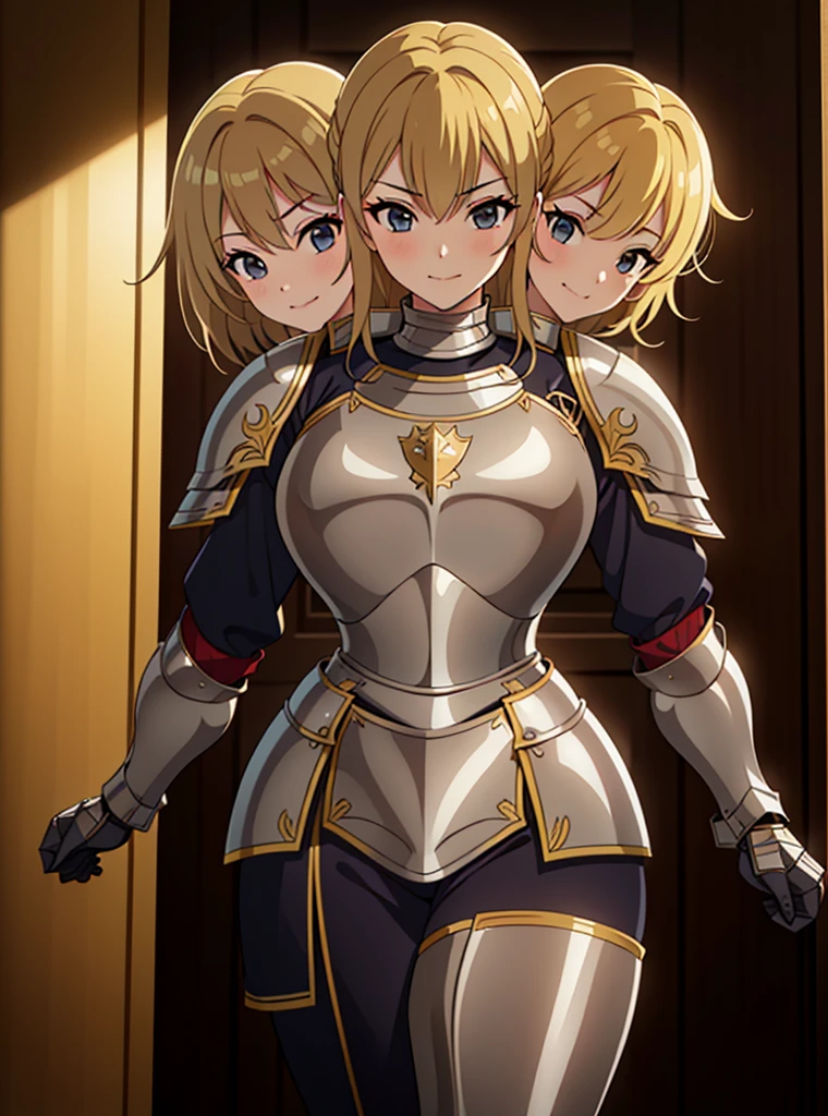 (masterpiece),(ultra-detailed), (high quality), (high resolution), (best quality:1.5, highres, UHD), highres, absurdo, ultra detail, ultra quality, (3heads:1.5), 1girl, ((golden blonde hair)), thighs, (gray armor), female warrior, (fully armored), medium hair, (medieval outfit), (black eyes), armored chest piece, gorgeous female knight, Guild Clothes with Armor, Fantasyart:1.5, (1 Female Knight:1.5), Detailed and detailed depiction armor, (seductive smirk), detailed eyes