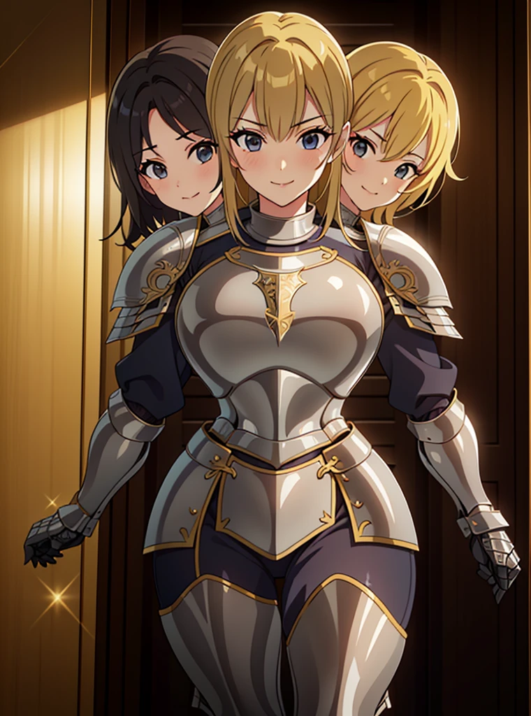 (masterpiece),(ultra-detailed), (high quality), (high resolution), (best quality:1.5, highres, UHD), highres, absurdo, ultra detail, ultra quality, (3heads:1.5), 1girl, ((golden blonde hair)), thighs, (gray armor), female warrior, (fully armored), medium hair, (medieval outfit), (black eyes), armored chest piece, gorgeous female knight, Guild Clothes with Armor, Fantasyart:1.5, (1 Female Knight:1.5), Detailed and detailed depiction armor, (seductive smirk), detailed eyes