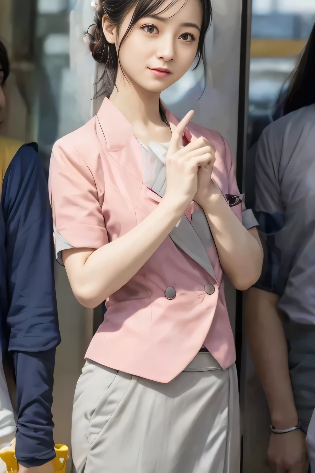 (masterpiece:1.2, Highest quality:1.2), 32k HDR, High resolution, (alone、1 girl)、(On the rooftop of a building in the daytime、Professional Lighting)、Building rooftop background、(Nankai train crew uniform pinkを着たリアルスタイル)、(Nankai train crew uniform pink short sleeve collarless pink jacket、Nankai Train Crew Uniform Pink Collarless Short Sleeve Blouse、Nankai Train Crew Uniform Pink Grey Knee-length Culottes)、((The bottom of the pink short-sleeved jacket cannot be tucked into the clay-colored culottes.))、Dark brown hair、(Hair tied up、Hair Bun、Hair Bun)、Dark brown hair、Long Shot、Big Breasts、Thin legs、((Great hands:2.0)),((Harmonious body proportions:1.5)),((Normal limbs:2.0)),((Normal finger:2.0)),((Delicate eyes:2.0)),((Normal eyes:2.0)))、(Nankai Train Crew Uniform Pink Grey Knee-length Culottesを見せた美しい立ち姿)、smile