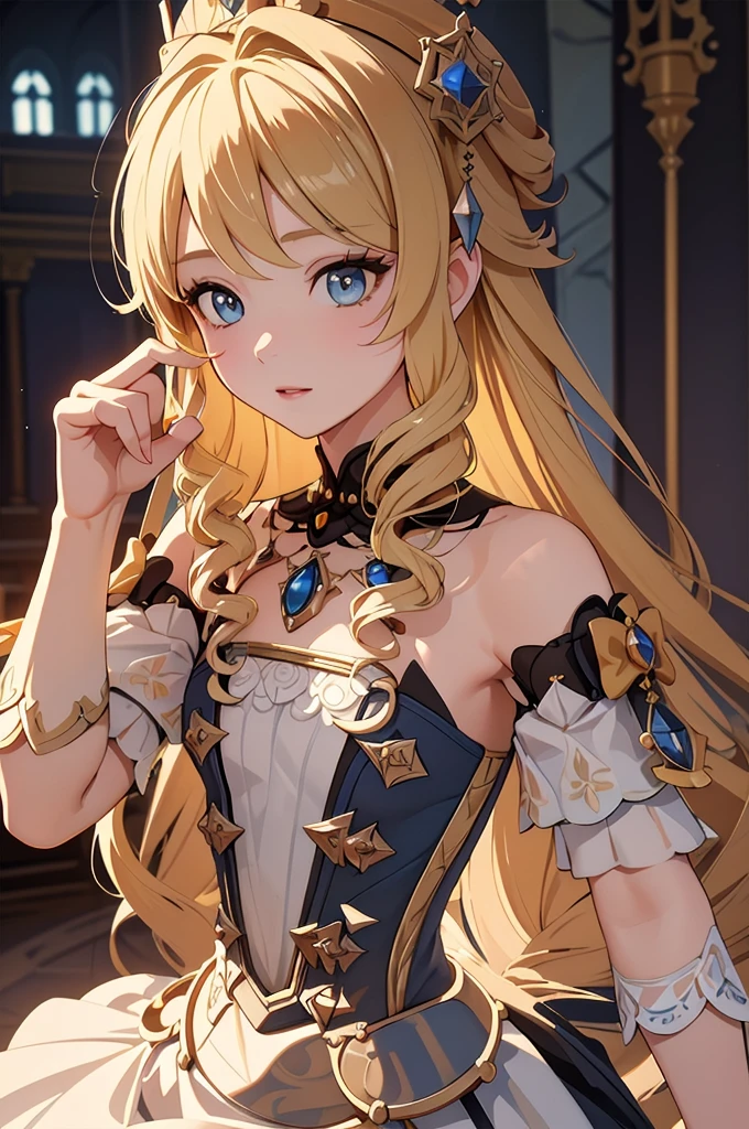 masterpiece、Highest quality、Ultra-detailed、Beautiful lighting、[[Thin fingers and hands:0.55]::0.85],(Finger details)、Blonde、White Dress、noble、palace