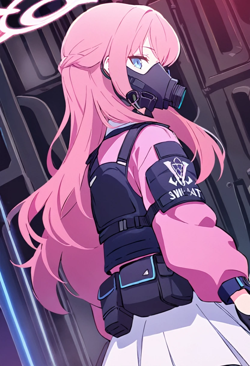 1 girl, pink long hair, Black swat vest, wear Black gloves, Wearing a gas mask, White skirt, pink sweater, blue archive style.