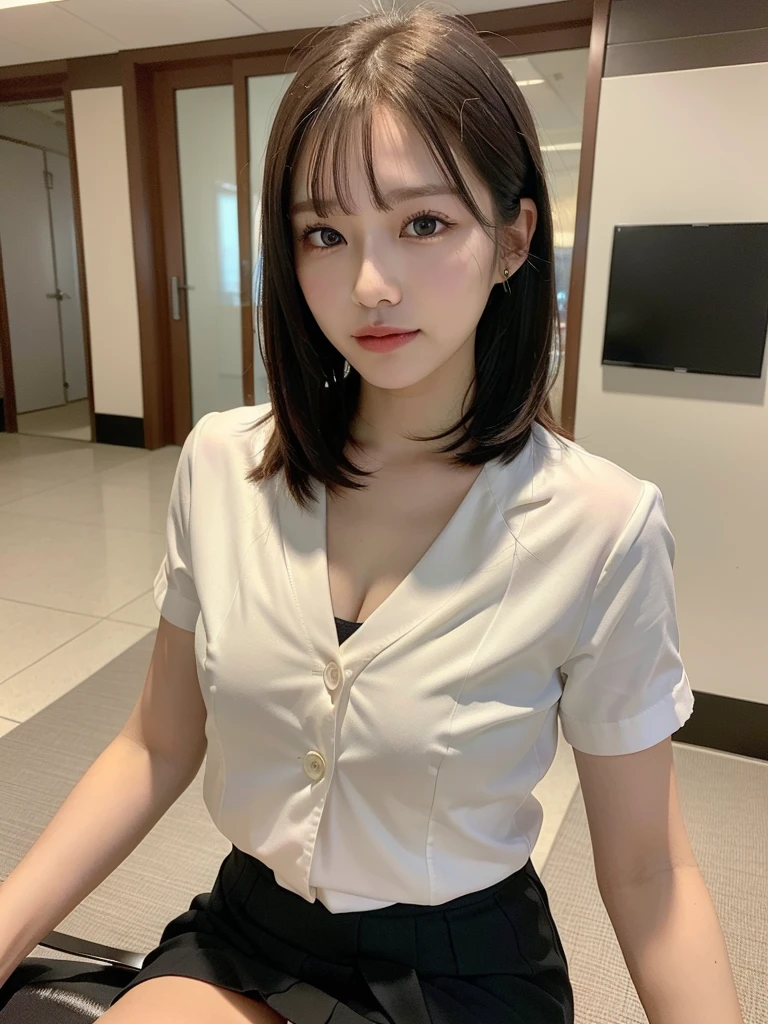 ((Best of the highest quality, 8k, Masterpiece, raw photo: 1.3)), Sharp focus: 1.2, (1 AESPA, slim body type female, 21 y/o: 1.1), (Solo: 1.2), (realistic, photo-realistic:1.37), face focus, cute face, finely eyes, (droopy eyes: 1.32), (Emphasize prominent aegyo-sal with bright: 1.2), shimmering eyeshadow applied under the lower lash line, paired with thick, (small breasts, flat chest, Thigh: 1.3), (short messy hair, bangs: 1.2), (business suit skirt, baggage: 1.28), sitting terrace office, sun light, flower,