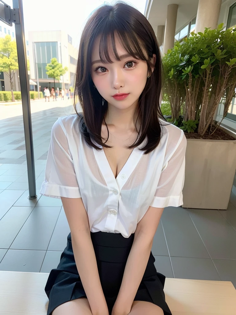 ((Best of the highest quality, 8k, Masterpiece, raw photo: 1.3)), Sharp focus: 1.2, (1 AESPA, slim body type female, 21 y/o: 1.1), (Solo: 1.2), (realistic, photo-realistic:1.37), face focus, cute face, finely eyes, (droopy eyes: 1.32), (Emphasize prominent aegyo-sal with bright: 1.2), shimmering eyeshadow applied under the lower lash line, paired with thick, (small breasts, flat chest, Thigh: 1.3), (short messy hair, bangs: 1.2), (business suit skirt, baggage: 1.28), sitting terrace office, sun light, flower,