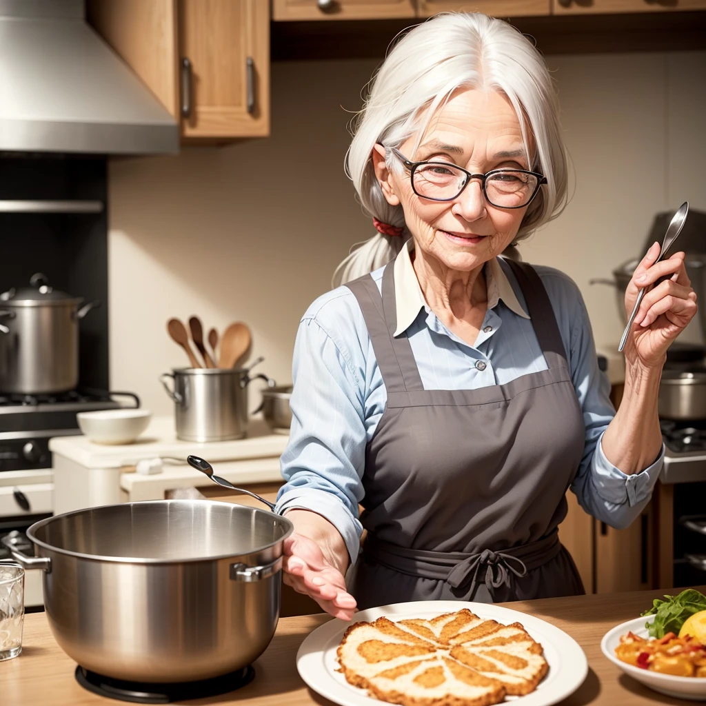 she is an old woman. She has long gray hair. She wears glasses. warm look sweet look. she is cooking. She is happy.
