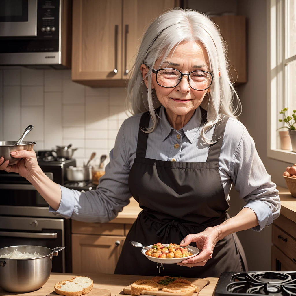 she is an old woman. She has long gray hair. She wears glasses. warm look sweet look. she is cooking. She is happy.