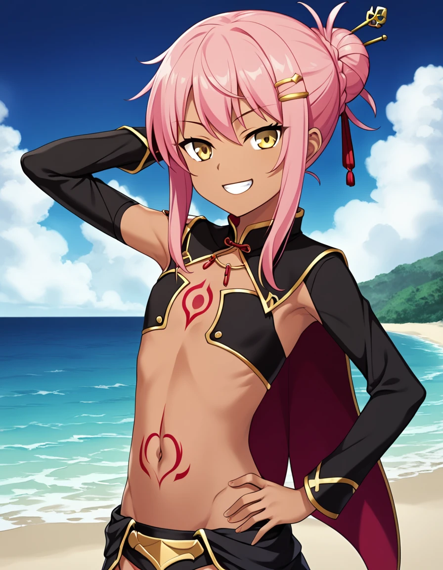 chloebase, pink hair, long hair, hair bun, hairpin, yellow eyes, dark skin, dark-skinned female, long sleeves, stomach tattoo, midriff, waist cape, 1girl, solo, younger, flat chest,
high quality, solo, night sky, beach, arm behind head, hand on hip, contrapposto, closed mouth, spread armpits, (cowboy shot:1.5), looking at viewer, grin, best quality, game cg, anime screencap, official art, masterpiece, best quality