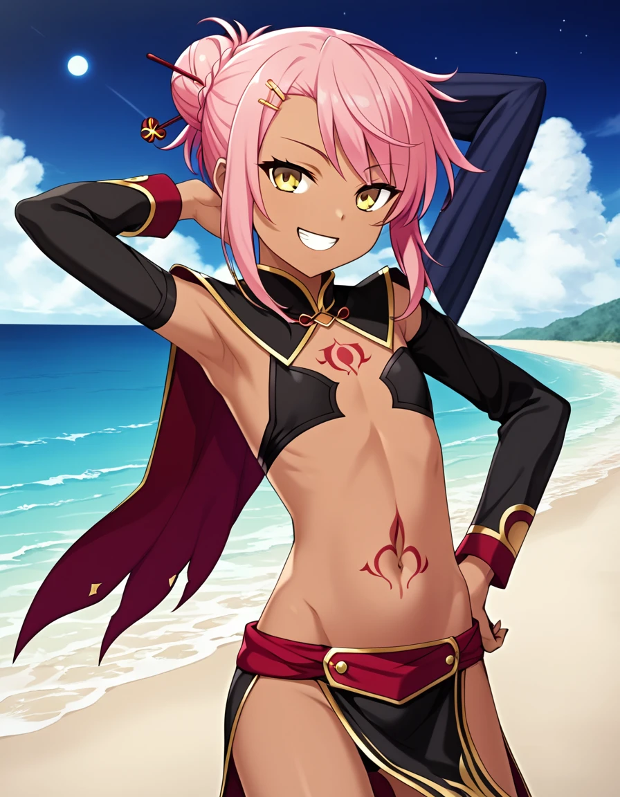 chloebase, pink hair, long hair, hair bun, hairpin, yellow eyes, dark skin, dark-skinned female, long sleeves, stomach tattoo, midriff, waist cape, 1girl, solo, younger, flat chest,
high quality, solo, night sky, beach, arm behind head, hand on hip, contrapposto, closed mouth, spread armpits, (cowboy shot:1.5), looking at viewer, grin, best quality, game cg, anime screencap, official art, masterpiece, best quality
