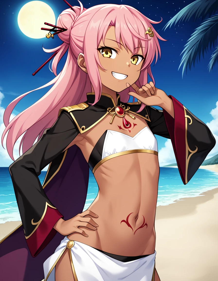 chloebase, pink hair, long hair, hair bun, hairpin, yellow eyes, dark skin, dark-skinned female, long sleeves, stomach tattoo, midriff, waist cape, 1girl, solo, younger, flat chest,
high quality, solo, night sky, beach, arm behind head, hand on hip, contrapposto, closed mouth, spread armpits, (cowboy shot:1.5), looking at viewer, grin, best quality, game cg, anime screencap, official art, masterpiece, best quality
