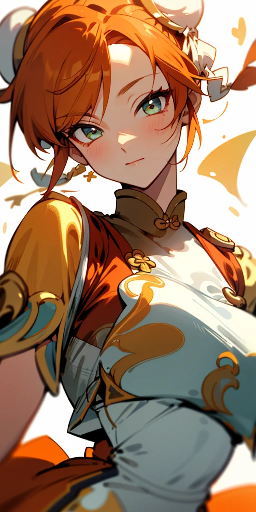 1 girl、one person、skinny body shape、orange clothes、orange hair、beautiful green eyes、intense joy on the face、white uniform with golden decorations、upper body close-up, style of Chun-li clothes