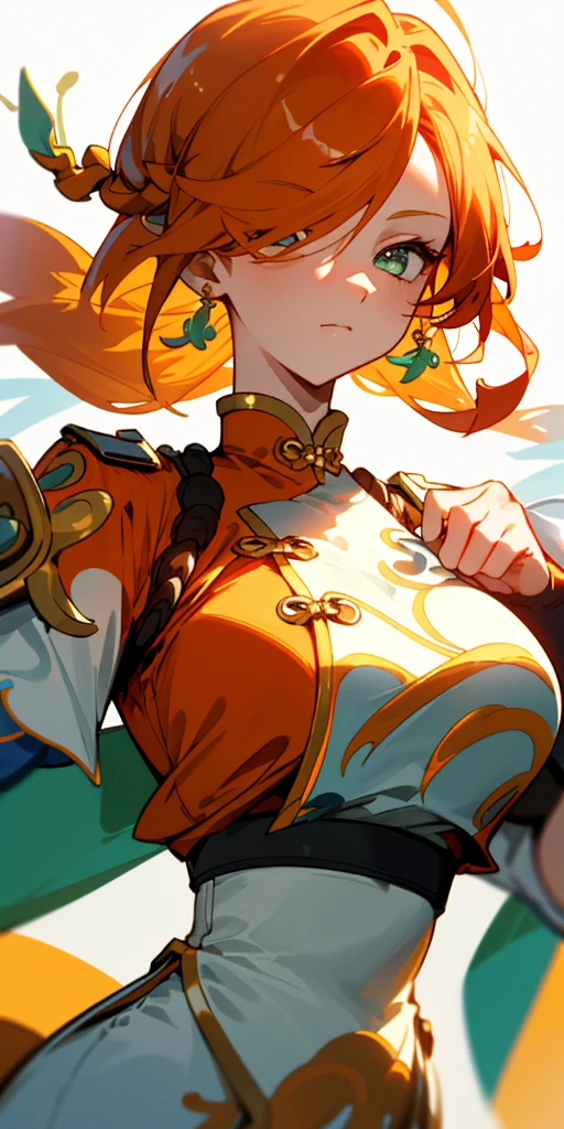 1 girl、one person、skinny body shape、orange clothes、orange hair、beautiful green eyes、intense joy on the face、white uniform with golden decorations、upper body close-up, style of Chun-li clothes