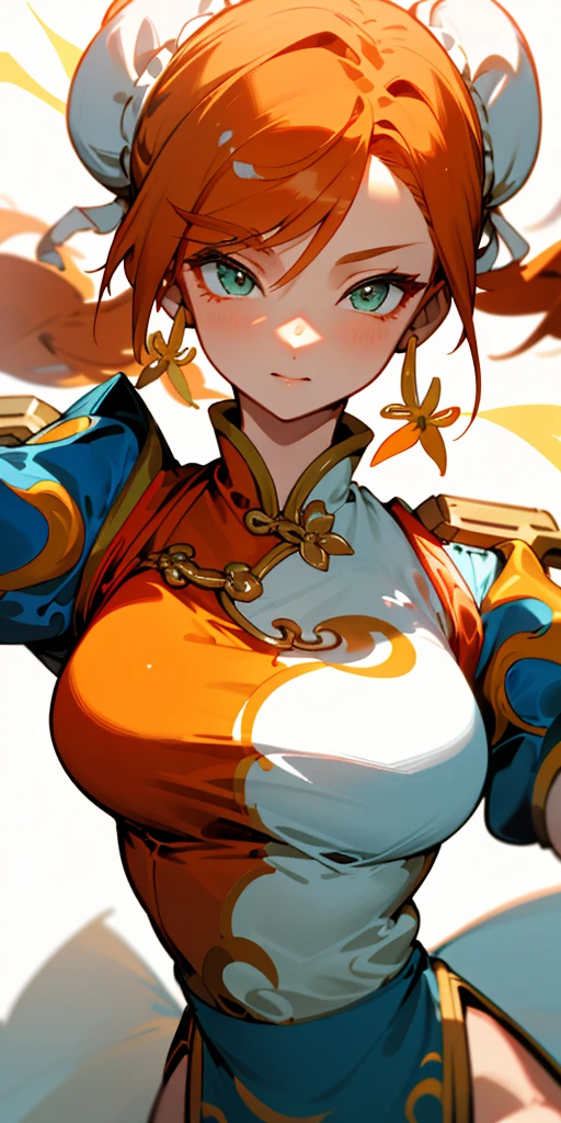 1 girl、one person、skinny body shape、orange clothes、orange hair、beautiful green eyes、intense joy on the face、white uniform with golden decorations、upper body close-up, style of Chun-li clothes