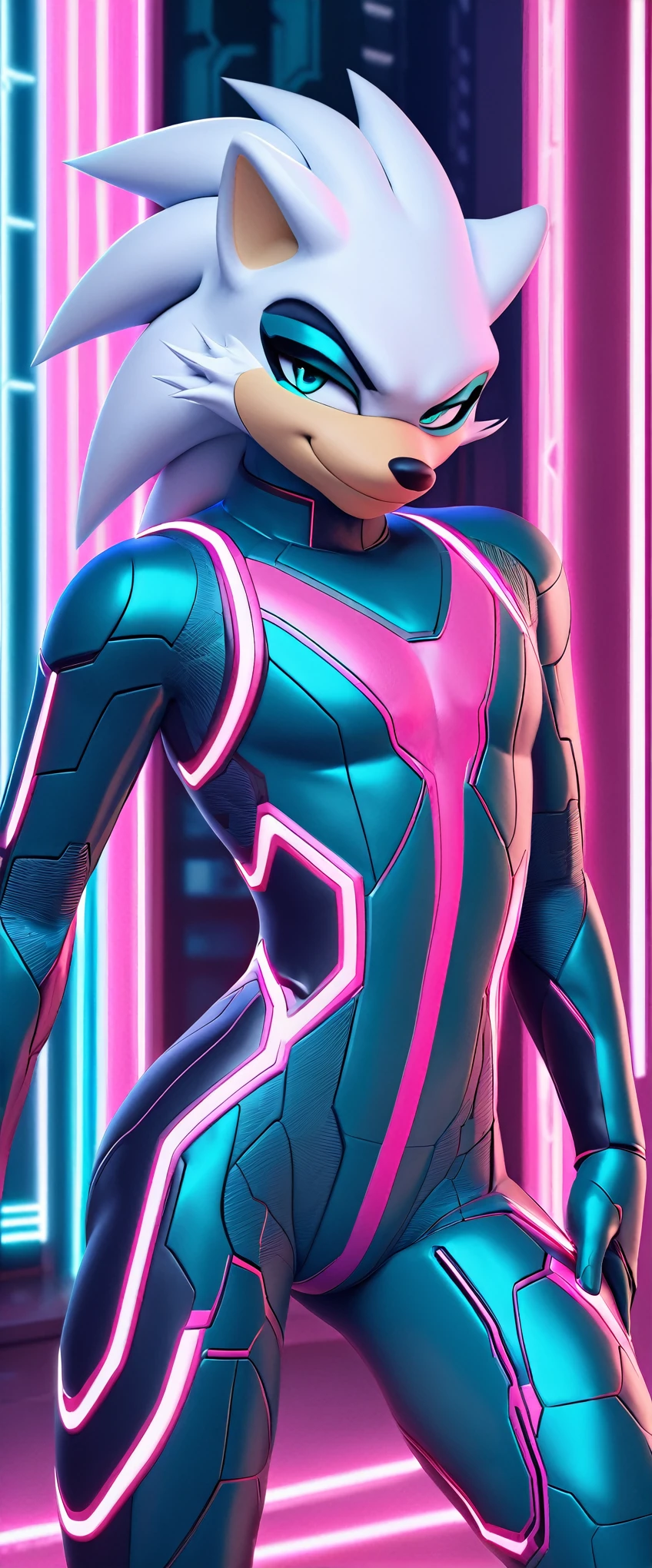 (((masterpiece:1.5, 4K, 8K))), a (((full body:1.5))) high quality digitally drawn rendered image ((by SEGA)) of A solo male anthro ((silver—white hedgehog)), with glowing blue eyes, ((metallic blue eyeliner:1.5)), (((tan muzzle))), wearing a (((sci-fi bodysuit))) stands in a neon-lit cyberpunk city The android's bodysuit is adorned with (((bright teal coloring:1.5))) with (((neon pink accents:1.4))), and intricate android seams, creating a futuristic look. the android has a seductive smirk on his face