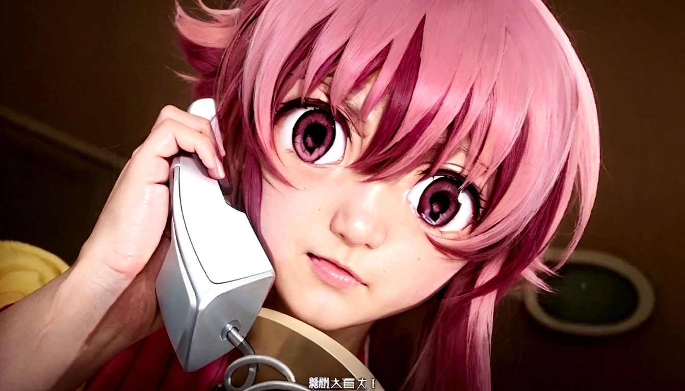 Anime girl with pink hair talking on cell phone., Mirai Nikki, Chica anime llamada Gasai Yuno, normal pink eyes, Gasai Yuno, closeup of another iwakura, Gasai Yuno, Gasai Yuno, she has a nice expressive face, Gasai Yuno, screenshot from a 2012 anime, in the anime movie, scene!!, Shocking