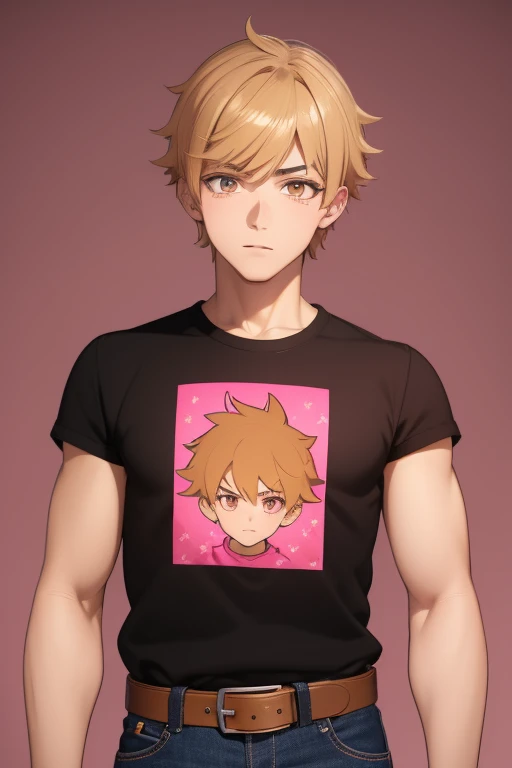 Gumball Handsome 18 year old boy with blonde brown hair, with a pink streak, light skin, pierced ears, honey brown eyes, open pink sweatshirt, black shirt with a candy castle print, black belt, red jeans, looking directly at the viewer on a white background.