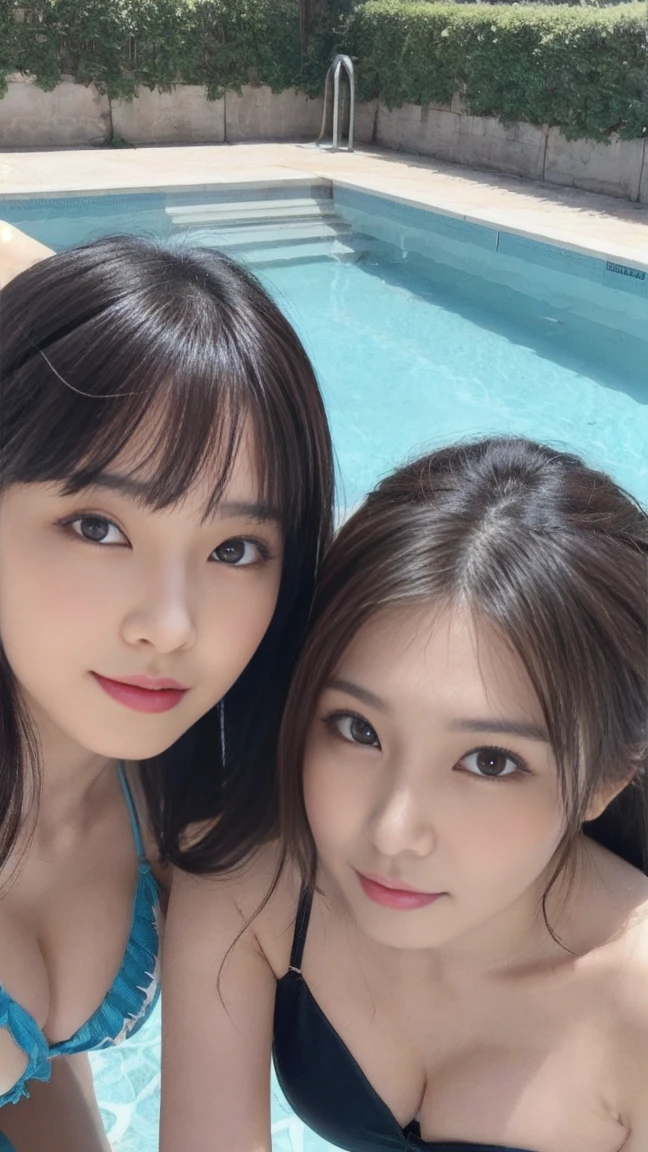 This photo was taken from a slightly lower angle of the three beautiful sisters by the pool, right after their gravure shoot.., Her round eyes are slightly droopy., Eyebrows slope gently downwards towards the eyes, K-POPアイドルのようなナチュラルメイクで彩られた美しい瞳. The woman on the far left has beautiful layered dark hair.., Elegant and attractive, And he'Late 20s's. The woman in the middle has wavy hair..、Sexy and young々Full of new charms。. The woman on the far right、Beautiful mixed-color hair、Full of cute charm。. (((3 different sensual and sexy poses: 1.3))), ((Too small, Wearing a colorful triangle bikini:1.3), A sparkling necklace adorns a sexy neckline, Trendy strap high heels、Makes your legs look fresh and attractive., And she smiles with a confused look.