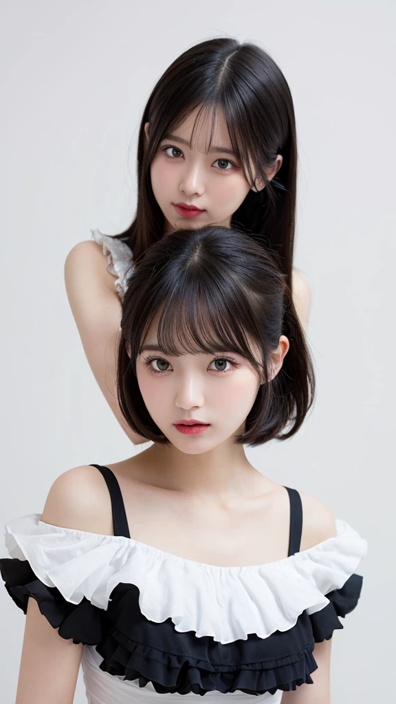 (((forehead、Northern Europe、White people、beautiful girl、Black Hair、White background、pajamas、camisole、)))、table top, highest quality, figure, super detailed, finely, High resolution, 8k wallpaper, Perfect dynamic composition, detailed and beautiful eyes, Deco out,bionde, breasts, Natural color lip,white background, random cute poses,
