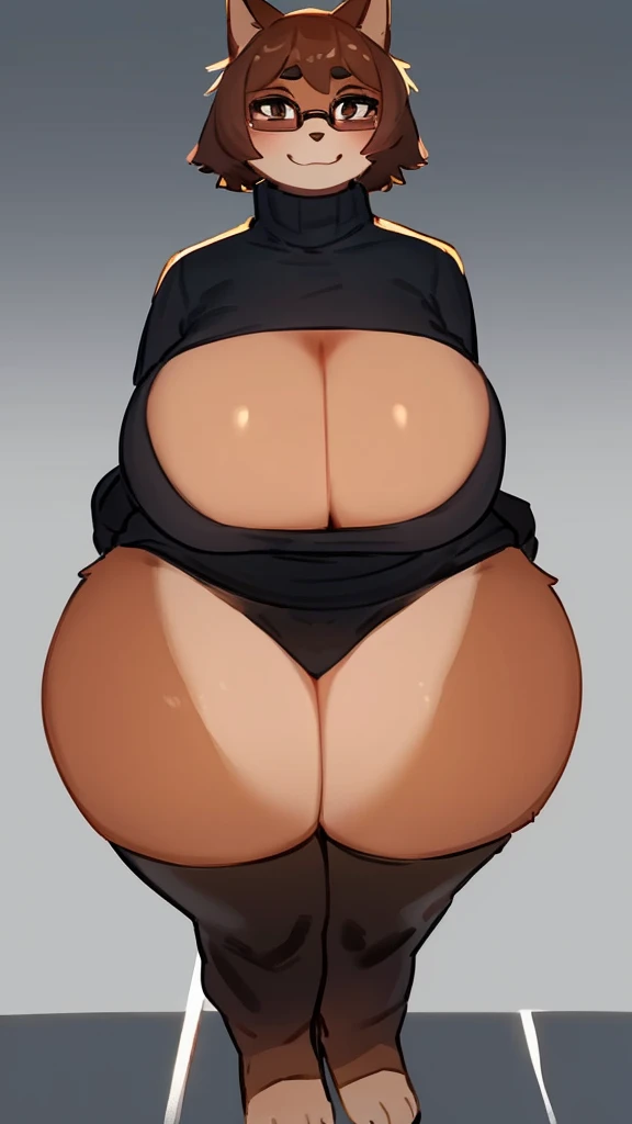 By bebebebebe, by lostgoose, by goonie-san, solo, standing, female,mao mao, tan skin, dark tan, dark brown eyes, glasses, turtleneck, cleavage, curvy,bbw,big booty