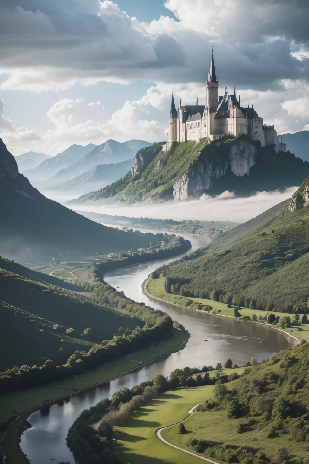 A stunning landscape with medieval castles in the distance, mist-shrouded mountains and a meandering river. The sky is slightly cloudy, with sunlight filtering through the clouds.
