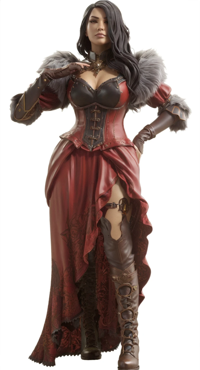 a woman in a red dress and brown boots is posing, lady in red armor, black witch full body pose, rendering of mirabel madrigal, full view of the black sorceress, mulher pyromancer steampunk do mal, resine figure, steampunk chandra queen of fire, pvc figurine, castlevania witch, full body female, ( highly detailed figure ), cranberry statue