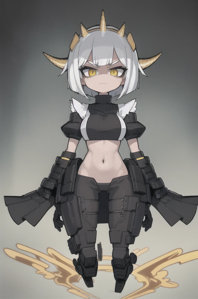 (finely best quality illustration:1.1), (1girl, solo:1.1), (black short hair:1.1), (masterpiece, ultra high quality), (standing), (full body), (1girl), (solo), (female focus), (Singular, large horn), (monster girl), (Messy bob-cut with sharp bangs), ((bangs covering eyes)), (big eyebrows), (angry eyes), (long tailbone in rear) (Cute anime snake eyes), (limbless female body)