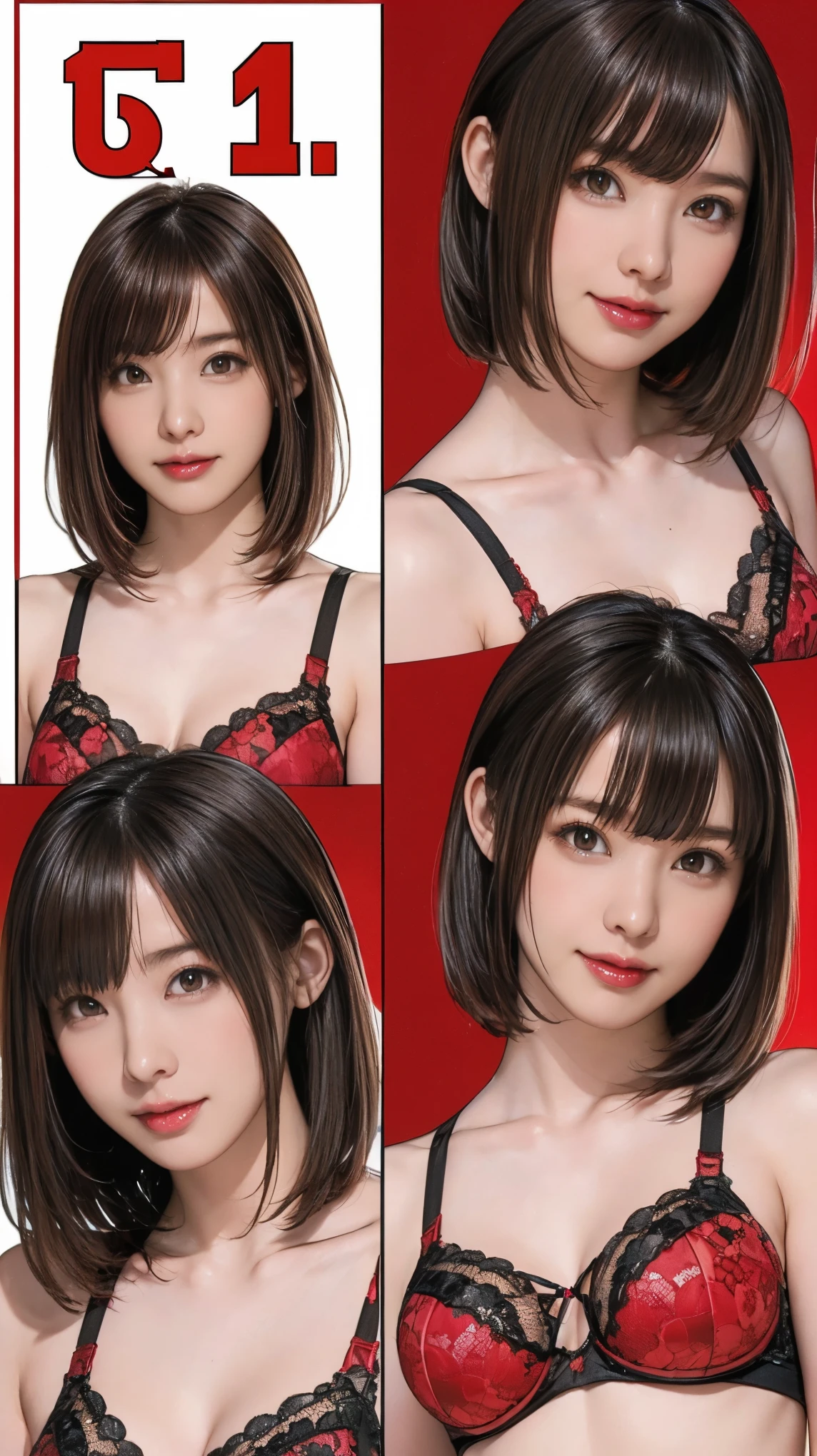 10:24:23
((masterpiece)),(((Highest quality))),((Reference Sheet, Character Design)), Highest quality,masterpiece,Ultra-high resolution,Original photo,Ultra-high resolution,Three beautiful women,Flashy makeup using red eyeshadow,Big smile,Sidewave shortcuts,Wearing black and red lace bra and panties,