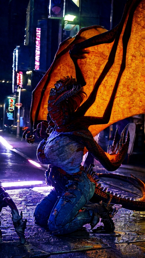 a beautiful girl with long brown hair, large breasts, screaming in terror, transforming into a dragon, city street, t-shirt, jeans, clothes ripping, photo-realistic, intricate details, dramatic lighting, dark fantasy, cinematic, highly detailed, 8k, award winning, masterpiece, transformation, best quality
