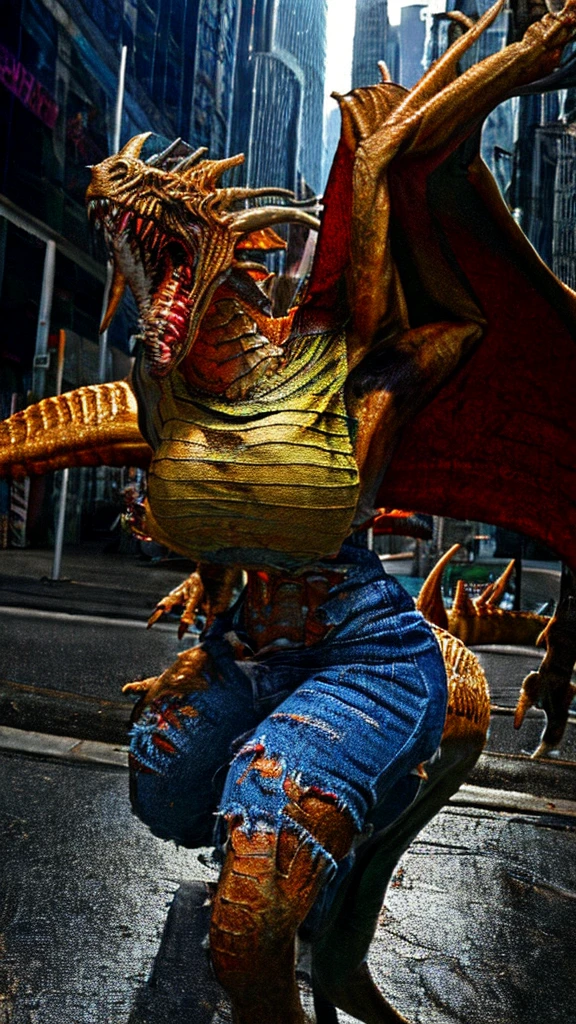 a beautiful girl with long brown hair, large breasts, screaming in terror, transforming into a dragon, city street, t-shirt, jeans, clothes ripping, photo-realistic, intricate details, dramatic lighting, dark fantasy, cinematic, highly detailed, 8k, award winning, masterpiece, transformation, best quality