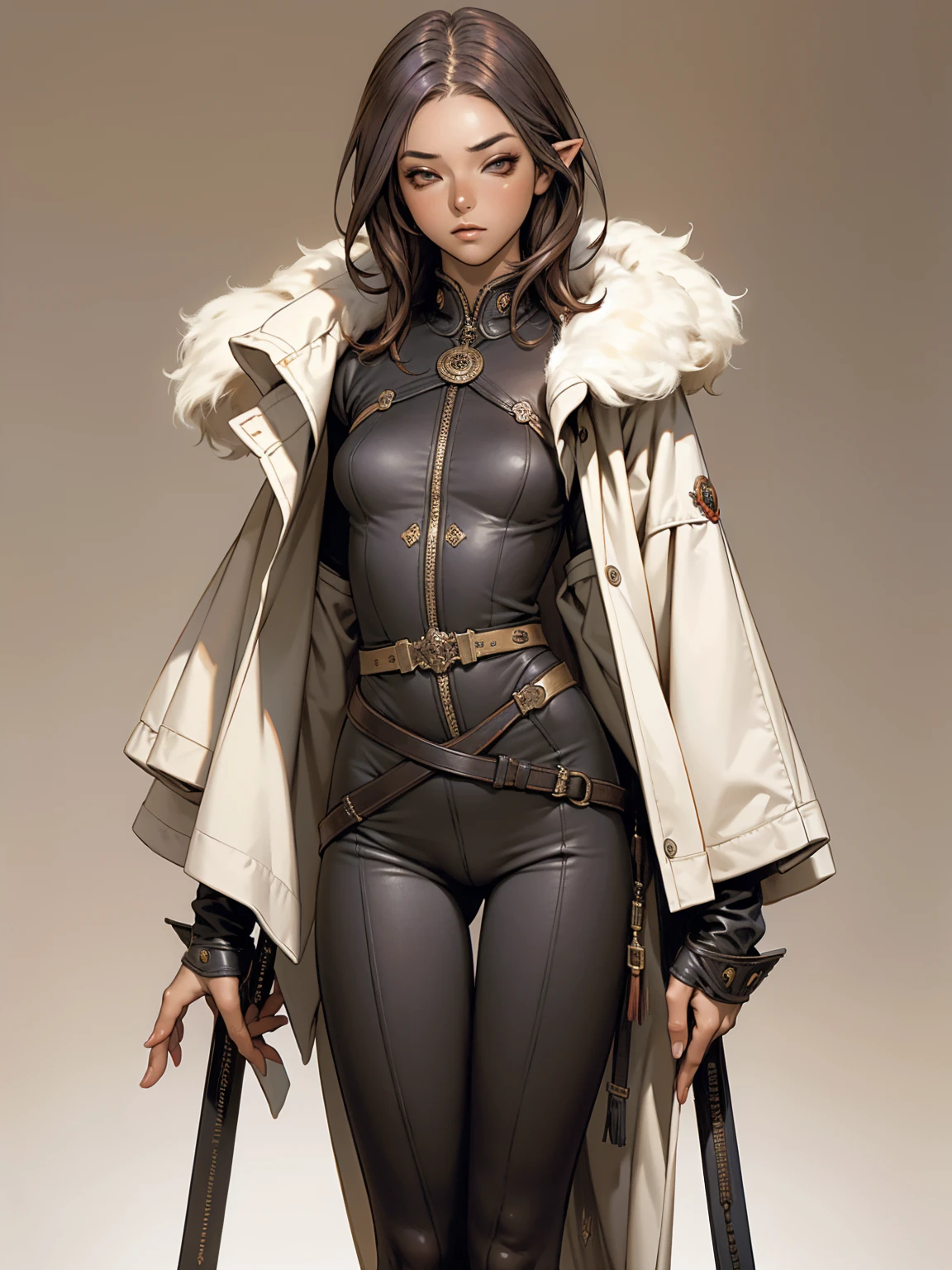slim, fancy,COMICS,elves,DRADRAGÕES,princesses,goddesses,Personagens,CHARACTERISTICS,role model,belle, (((best qualityer: 1.4))),(Unbeatable masterpiece), (hiper HD),(CG 8k hyper-realistic), colored hair, ((( perfectbody ))), (((1 Kizi solo))), Bounty hunter in a futuristic manga, Kizi sexly de 25 anos com perfectbody, Beautiful and well-groomed face, muscular body:1.2, solid color detailed jacket, (Head to thigh photos), Complex equipment, long pants, Tight, dark-colored clothing, With white stars and white stripes, Metal electronic parts on the armature, INFO, Kizi, (((standing alone))), pirralha violent, , sexly, pose de atitude, work of art, post-apocalypse, (((manga style))), bounty hunter, violent, Manic, the way you want, slenderbody, thin but strong, perfectbody, roupa moderna, advanced technology, messy bob hair, colored hair, (((best qualityer))), mini skirt, shorts or pants with pleats with a checkered pattern in red and black, fur collar jacket with spikes, sleeves with vertical striped pattern, neutral background, (( cowboy shot )). Simple background without details