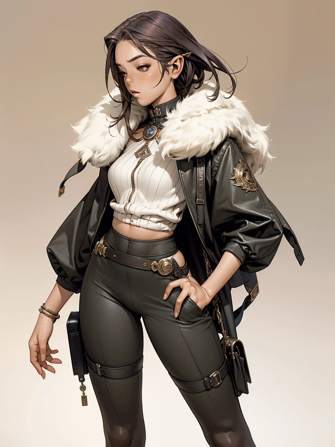 slim, fancy,COMICS,elves,DRADRAGÕES,princesses,goddesses,Personagens,CHARACTERISTICS,role model,belle, (((best qualityer: 1.4))),(Unbeatable masterpiece), (hiper HD),(CG 8k hyper-realistic), colored hair, ((( perfectbody ))), (((1 Kizi solo))), Bounty hunter in a futuristic manga, Kizi sexly de 25 anos com perfectbody, Beautiful and well-groomed face, muscular body:1.2, solid color detailed jacket, (Head to thigh photos), Complex equipment, long pants, Tight, dark-colored clothing, With white stars and white stripes, Metal electronic parts on the armature, INFO, Kizi, (((standing alone))), pirralha violent, , sexly, pose de atitude, work of art, post-apocalypse, (((manga style))), bounty hunter, violent, Manic, the way you want, slenderbody, thin but strong, perfectbody, roupa moderna, advanced technology, messy bob hair, colored hair, (((best qualityer))), mini skirt, shorts or pants with pleats with a checkered pattern in red and black, fur collar jacket with spikes, sleeves with vertical striped pattern, neutral background, (( cowboy shot )). Simple background without details