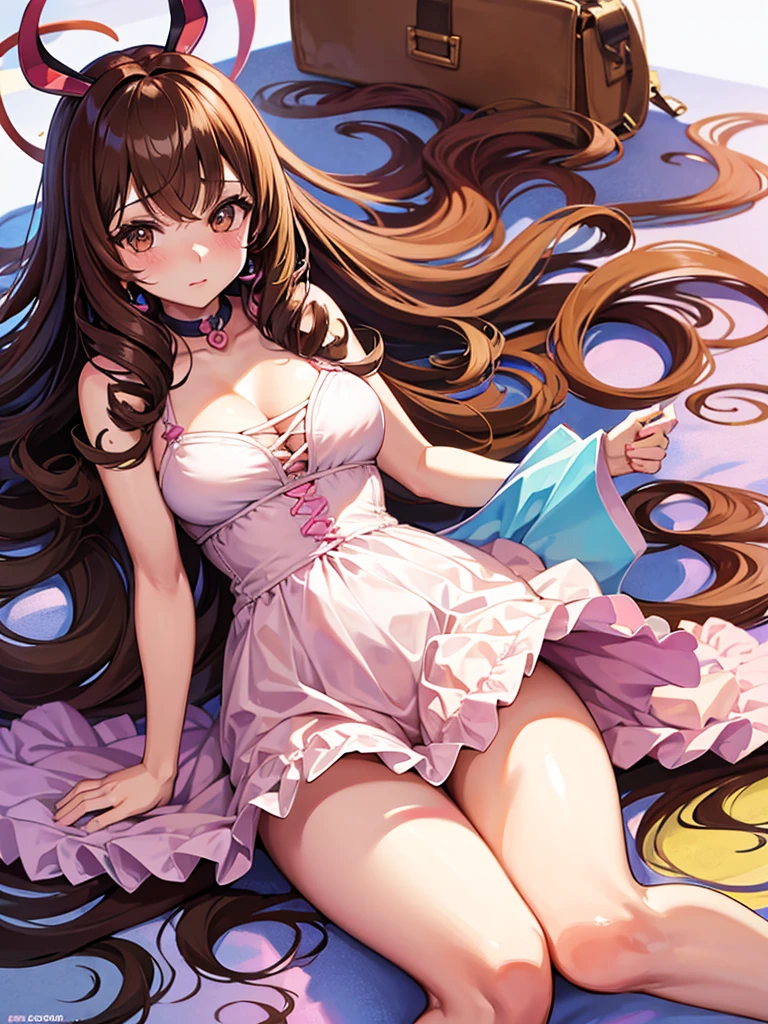 Anime girl, thick, long curly brown hair with bangs, brown eyes, pastel coquette aesthetic