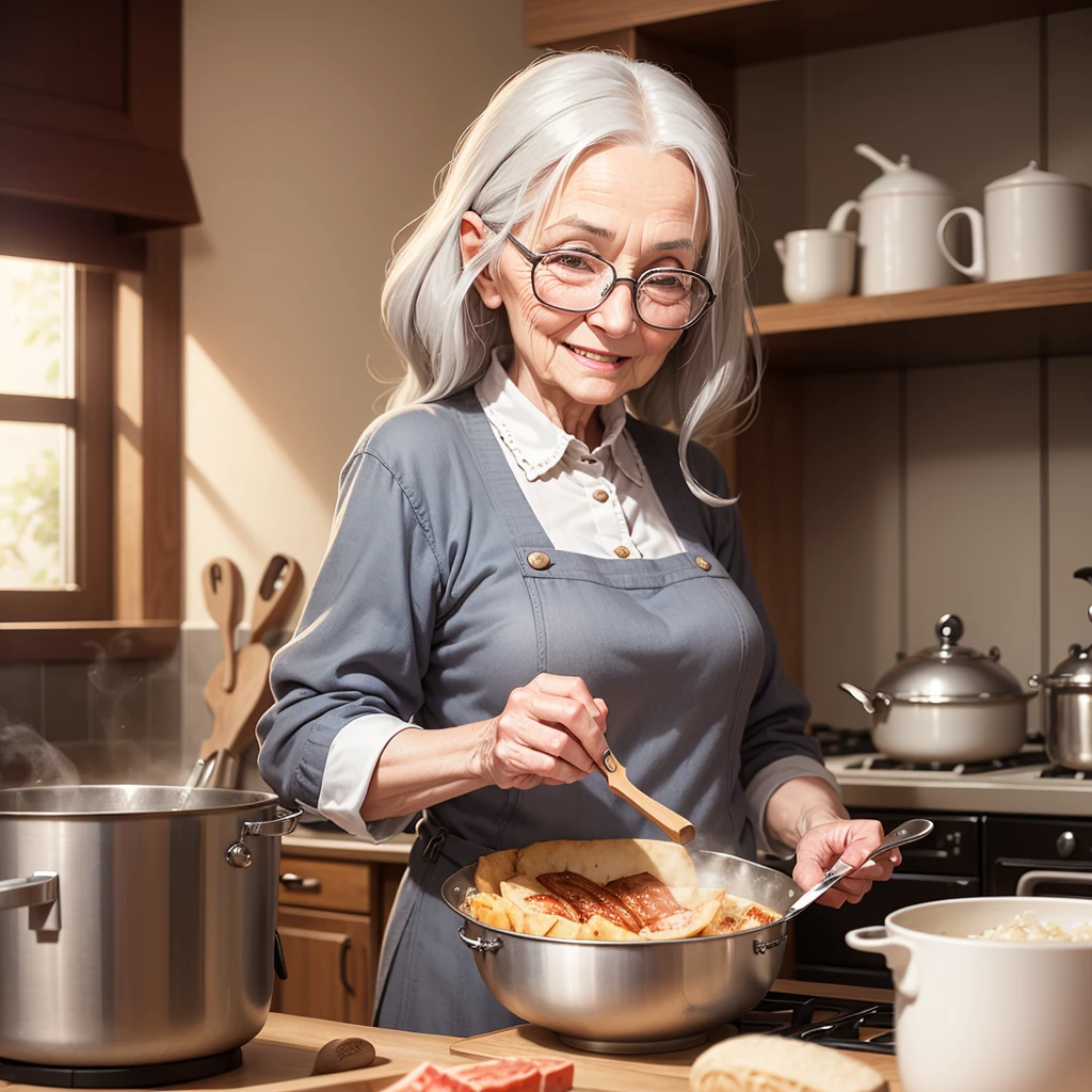 she is an old woman. She has long gray hair. She wears glasses. warm look sweet look. she is cooking. She is happy.