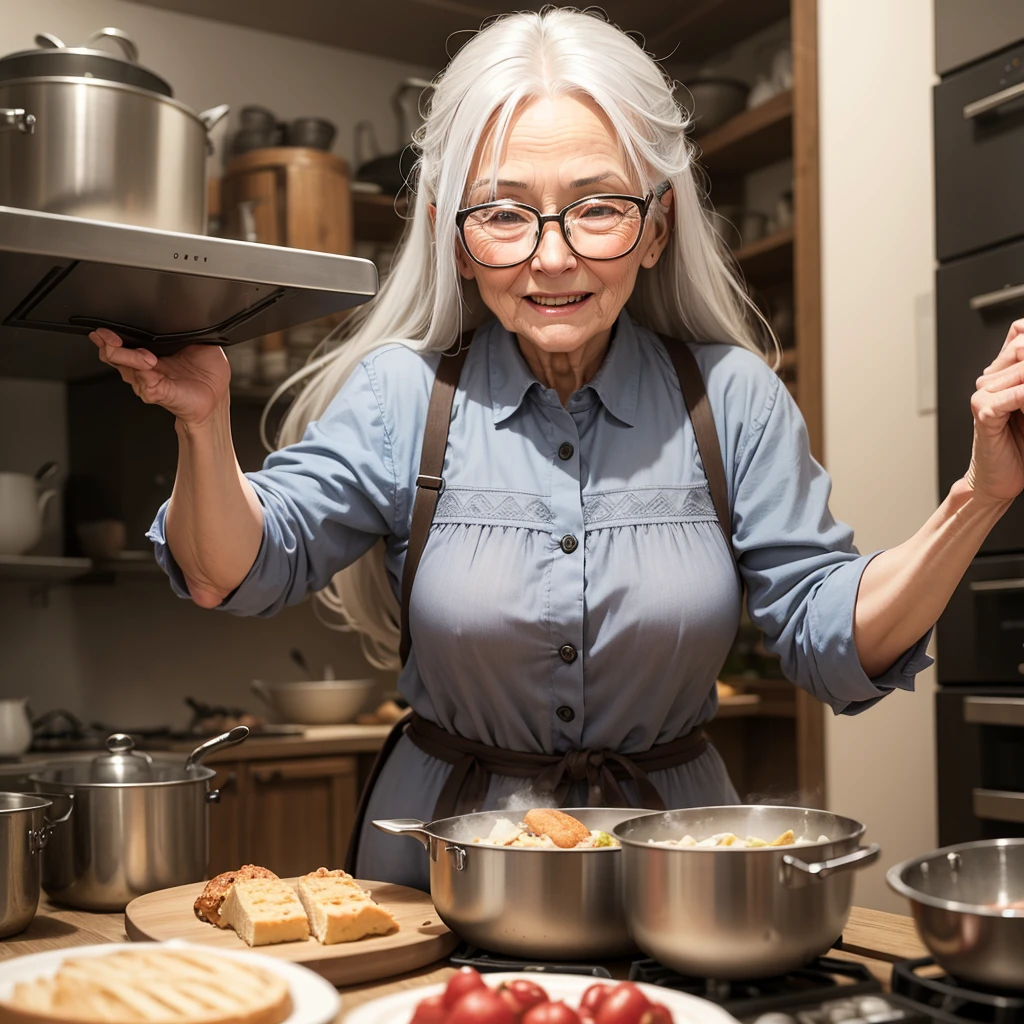 she is an old woman. She has long gray hair. She wears glasses. warm look sweet look. she is cooking. She is happy.