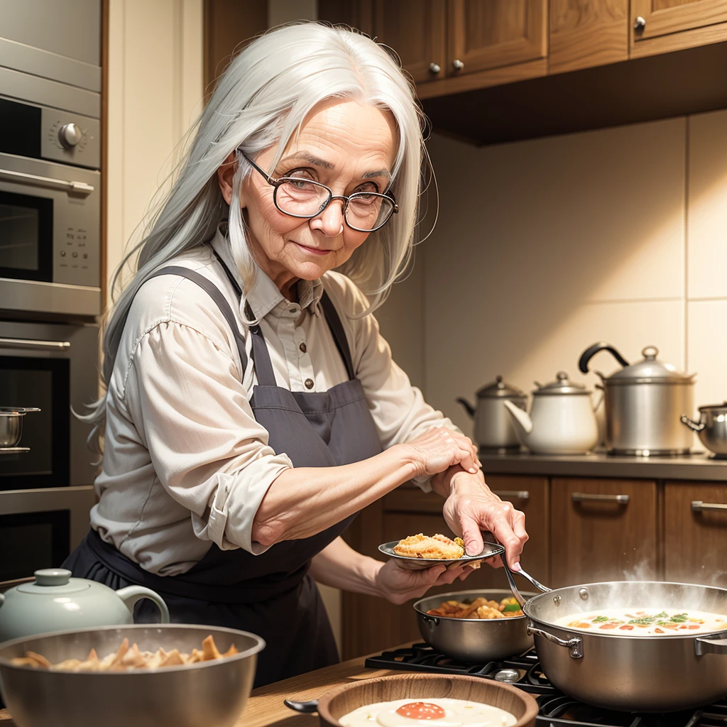 she is an old woman. She has long gray hair. She wears glasses. warm look sweet look. she is cooking. She is happy.