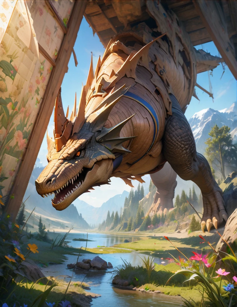 quality(8k wallpaper of extremely detailed CG unit, ​masterpiece, hight resolution, top-quality, top-quality real texture skin,hyper realisitic, digitial painting,increase the resolution,RAW photos，best qualtiy,highly detailed,the wallpaper),BREAK,8K, blue skys, sun, trees, flowers, lake, dinosaur, T-Rex 