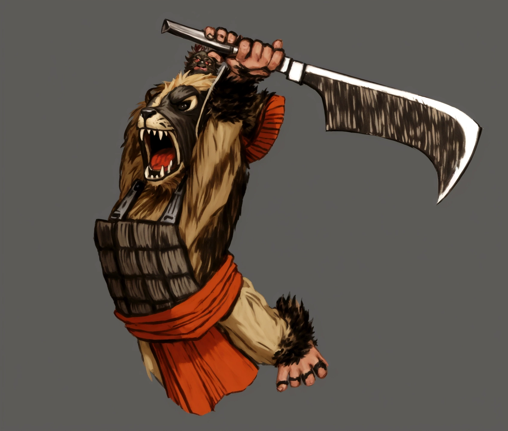 hairy creature, holding african machete, bouncing, gaping mouth, gremilin, japanese armor, pano na belt