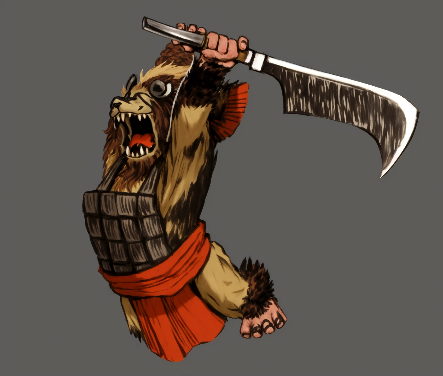 hairy creature, holding african machete, bouncing, gaping mouth, gremilin, japanese armor, pano na belt 