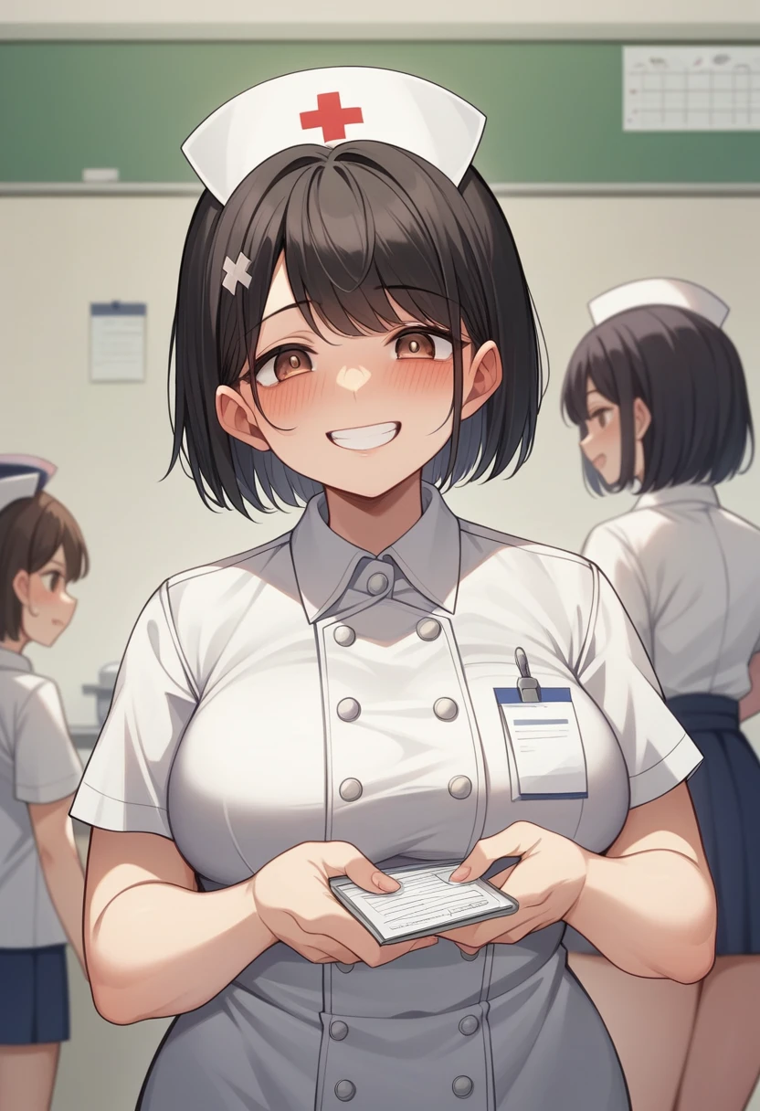 (Highest quality, 8K, 32k, masterpiece, Ultra-high resolution:1.2),Beautiful Japanese Women Photos、alone、2 girls、healthy、Glowing Skin, Shallow depth of field、Contrasting、Professional Model、look forward to、Overbyte、mouth half open、blush:2.5、Random hairstyles for short hair、Black Hair、Face close-up、Portraiture、Teeth are visible、Big Mouth、Droopy eyes、Round face、Multiple moles、Fair skin、A lively 24-year-old、Brown eyes、Big smile、(Chubby) 、nurse、Wearing a uniform、Working
