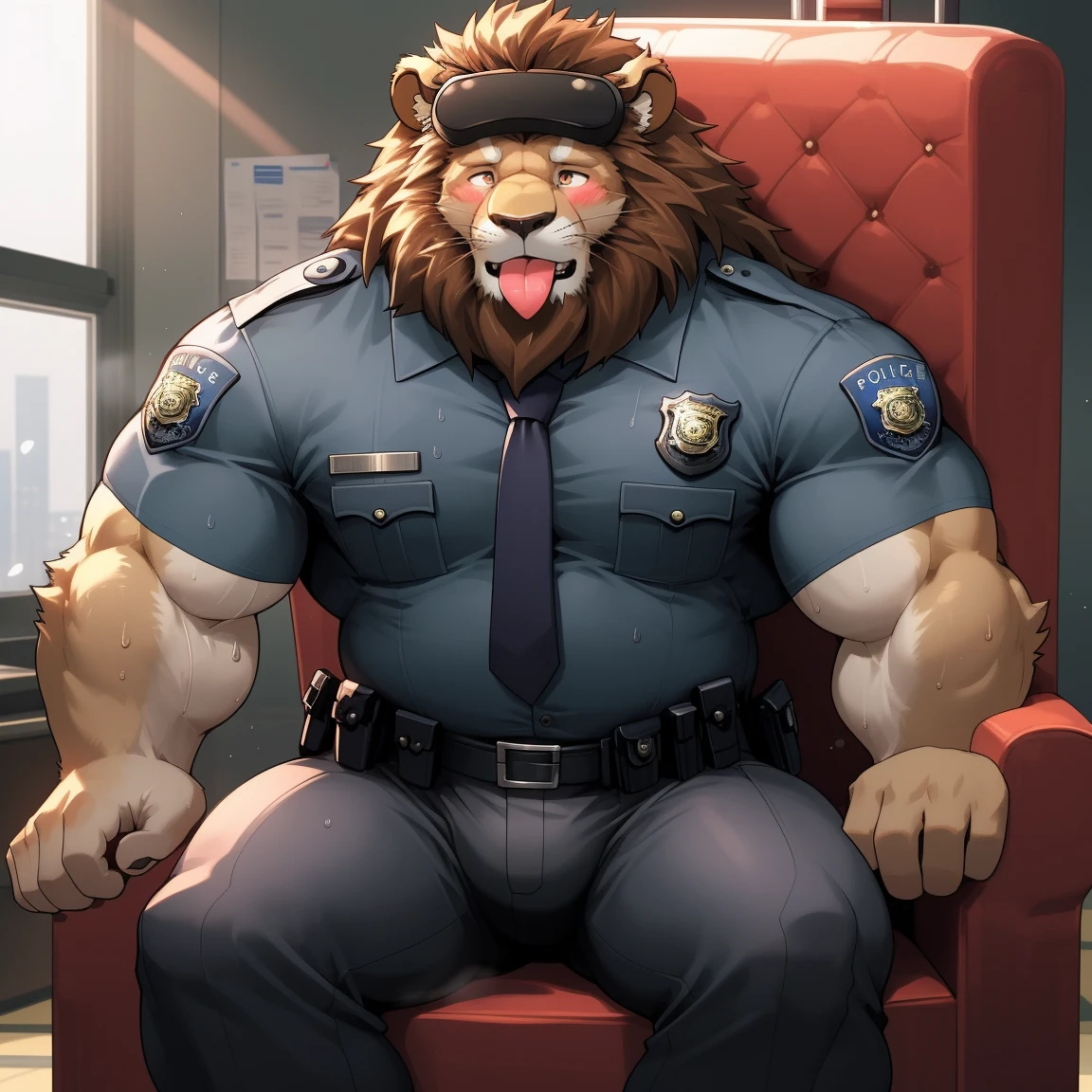 masterpiece, best quality, 8k resolution, Very detailed, hairy,(((lion)),(((Mature))),(((beard))),(((Strong))),(((portrait))),(((police office))),For the audience,(((Police Uniform))),(((sit on the chair))),(((Tongue out))),Highest quality scene,Solitary,solitary,(((whole body))),(((Shameful))),(((Blushing))),((( VR headset))),(((Legs apart))),(((Sweat))),((Fat-enclosed muscle)),(((Round face))),(((alone))),(((Strong body))),(((Hip bulge))),