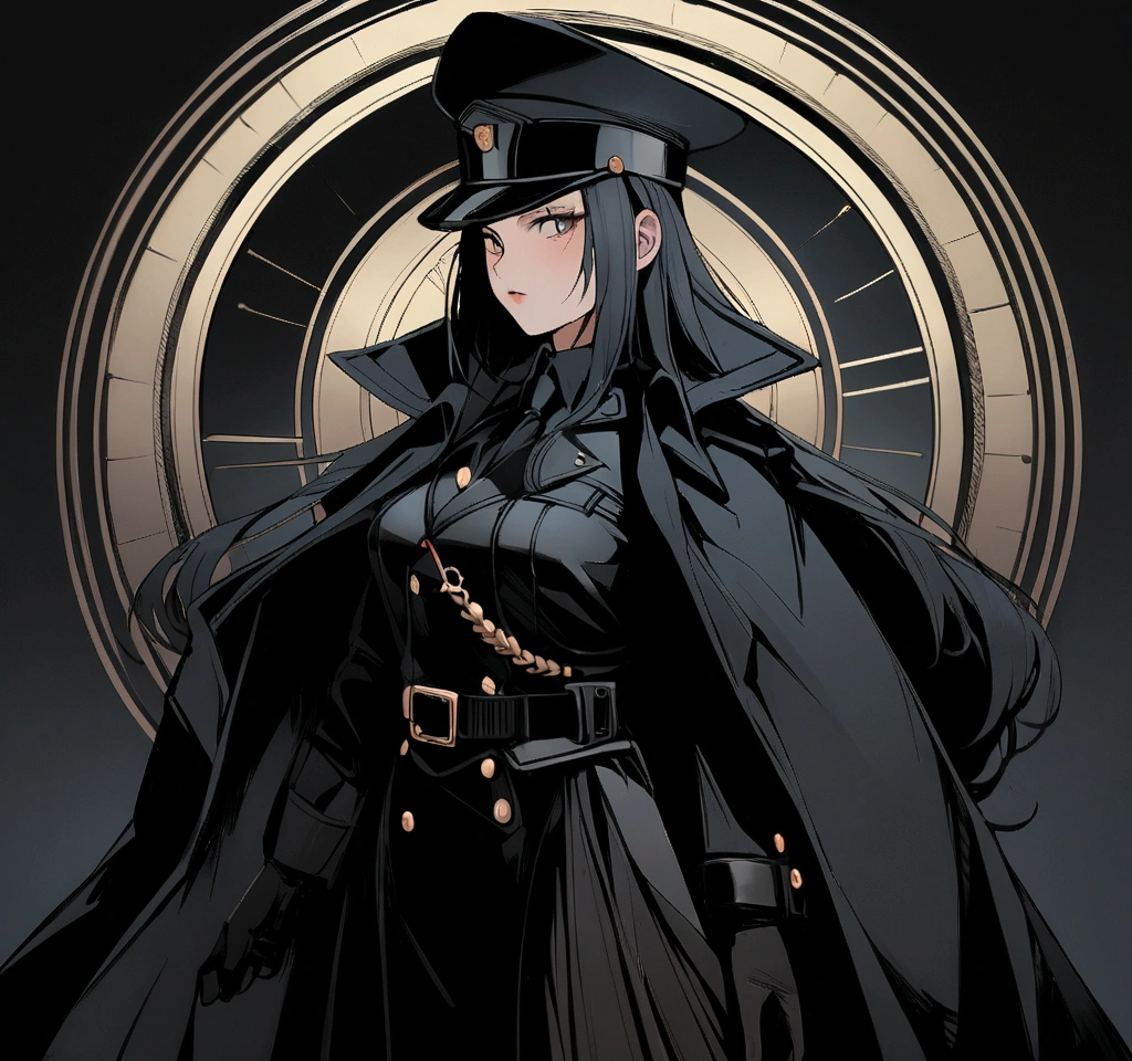1 girl, solo, arafed women in a black uniform and a black hat, a black dieselpunk policewoman, in black military uniform, detective coat, officer, black greatcoat, police uniform, in black uniform, black armored uniform, dark coat, full uniform, inspired by Horace Vernet, officers uniform, he is wearing a black trenchcoat, dressed in black body armour, 4k res, ultra detailed, face detailed