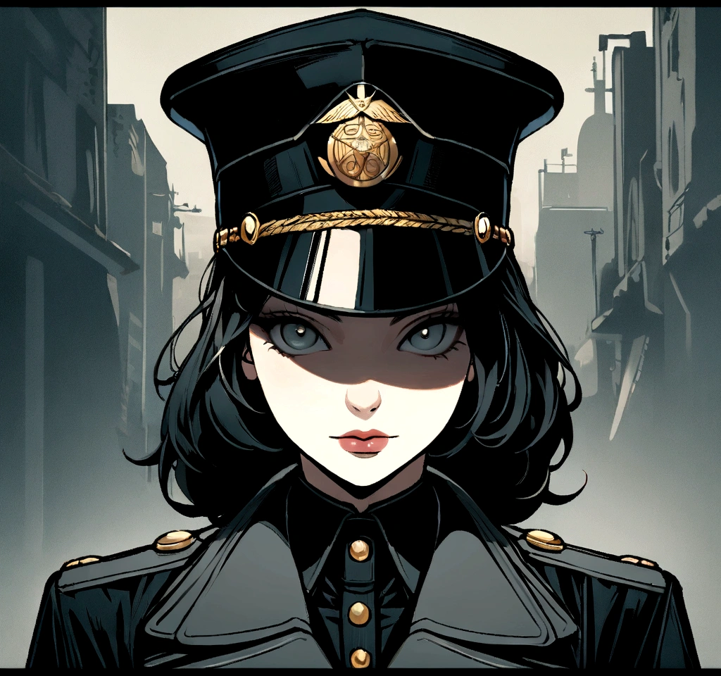1 girl, solo, arafed women in a black uniform and a black hat, a black dieselpunk policewoman, in black military uniform, detective coat, officer, black greatcoat, police uniform, in black uniform, black armored uniform, dark coat, full uniform, inspired by Horace Vernet, officers uniform, he is wearing a black trenchcoat, dressed in black body armour, 4k res, ultra detailed, face detailed