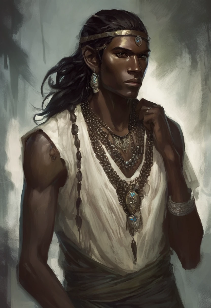Fancy, long hair up, men, black eyes, necklace on the forehead, Dark skin, suspicious look, very skinny, Anorexic, druid, Scars, chart