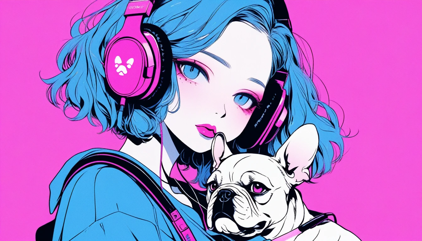 Illustrator, anime , Realistic ,sketch , A girl holding a cute bulldog puppy wearing headphones, ,lip, T-shirt,order,Textured Trim, (masterpiece,Highest quality) Blue background, Neon Hair,Textured Trim, Canadian, (masterpiece,Highest quality) Cancer，