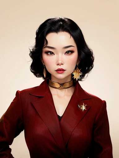 there is a woman in a red suit and gold earrings, inspired by Min Zhen, portrait of modern darna, vampira, inspired by Oka Yasutomo, inspired by Jiao Bingzhen, fan art, portrait”, star trek asian woman, portrait n - 9, stunning art, photorealistic portrait of bjork, glamour shot, björk, a colorized photo